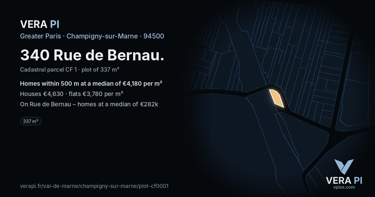 340 Rue de Bernau, Champigny-sur-Marne at night – the plot lit, the parcels around coloured by the prices near them