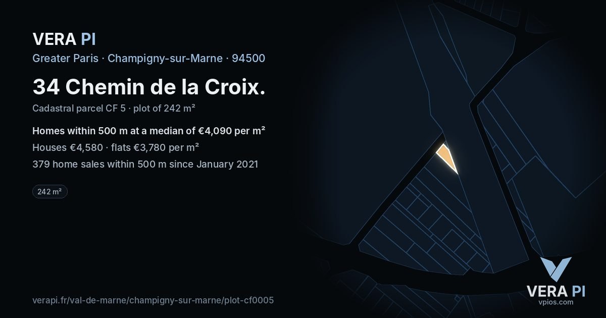 34 Chemin de la Croix, Champigny-sur-Marne at night – the plot lit, the parcels around coloured by the prices near them