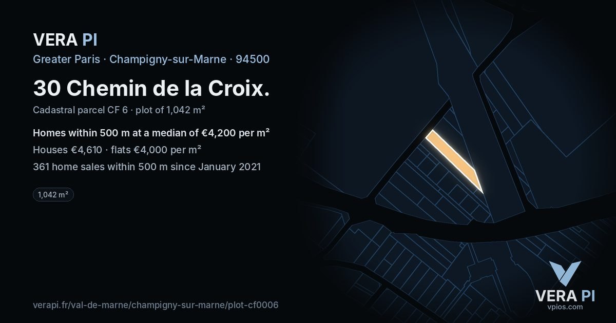 30 Chemin de la Croix, Champigny-sur-Marne at night – the plot lit, the parcels around coloured by the prices near them