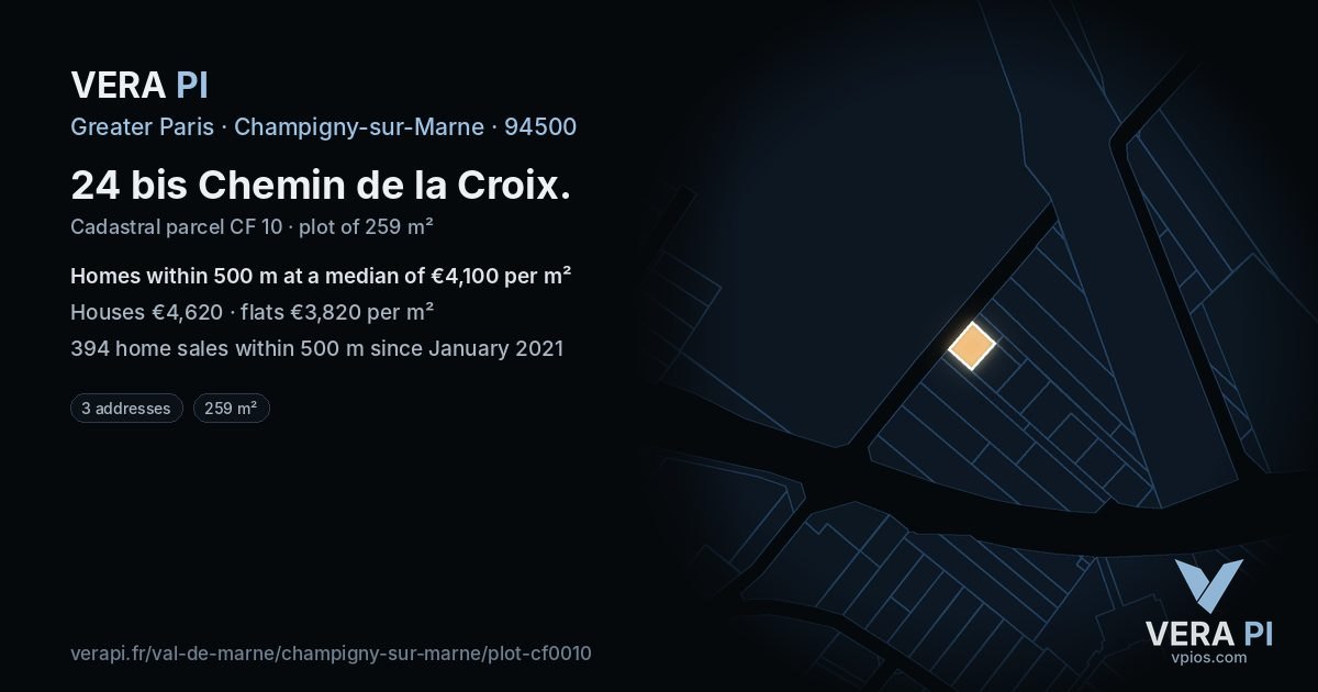 24 bis Chemin de la Croix, Champigny-sur-Marne at night – the plot lit, the parcels around coloured by the prices near them