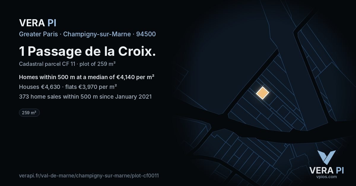 1 Passage de la Croix, Champigny-sur-Marne at night – the plot lit, the parcels around coloured by the prices near them