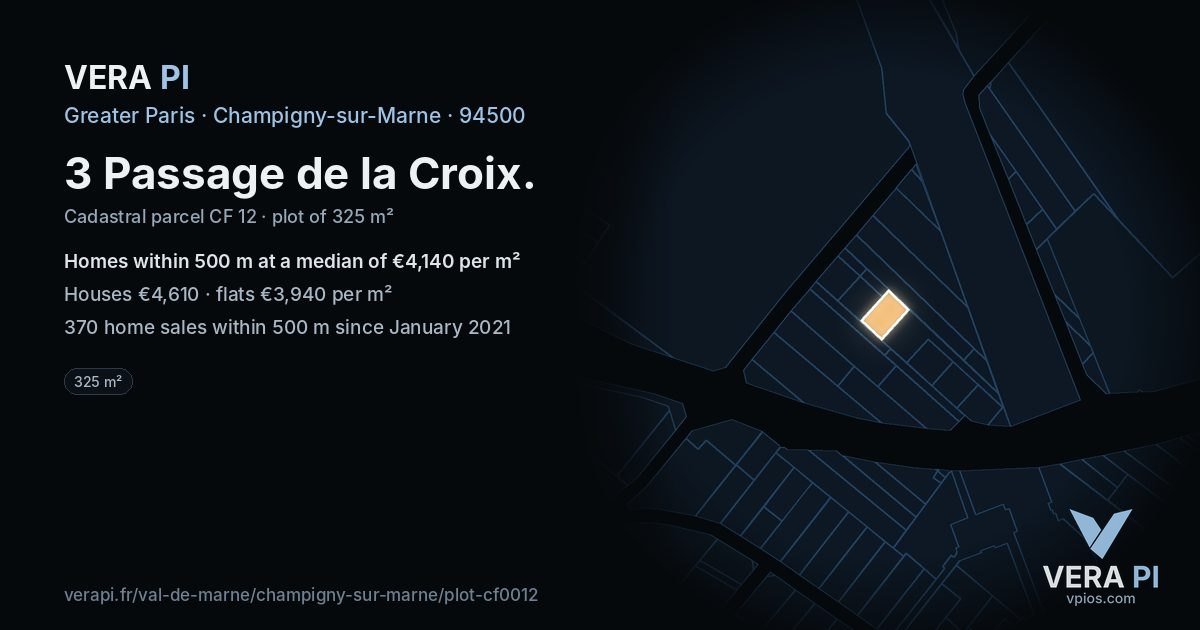 3 Passage de la Croix, Champigny-sur-Marne at night – the plot lit, the parcels around coloured by the prices near them
