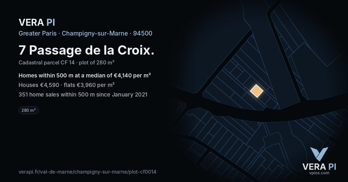 7 Passage de la Croix, Champigny-sur-Marne at night – the plot lit, the parcels around coloured by the prices near them