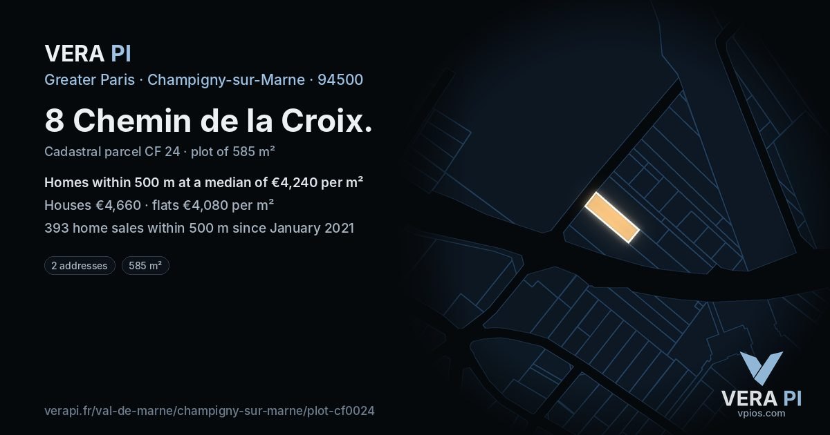 8 Chemin de la Croix, Champigny-sur-Marne at night – the plot lit, the parcels around coloured by the prices near them