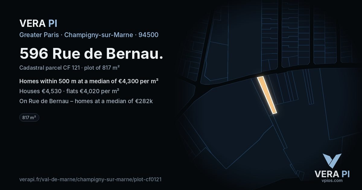 596 Rue de Bernau, Champigny-sur-Marne at night – the plot lit, the parcels around coloured by the prices near them