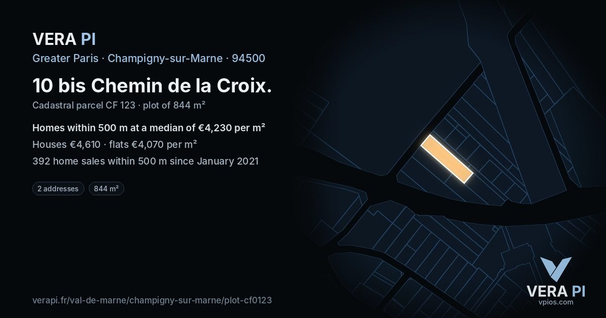 10 bis Chemin de la Croix, Champigny-sur-Marne at night – the plot lit, the parcels around coloured by the prices near them