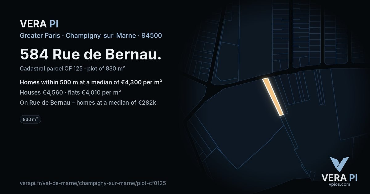 584 Rue de Bernau, Champigny-sur-Marne at night – the plot lit, the parcels around coloured by the prices near them