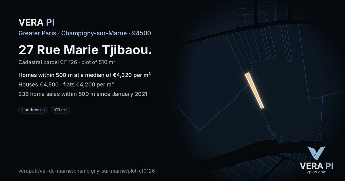 27 Rue Marie Tjibaou, Champigny-sur-Marne at night – the plot lit, the parcels around coloured by the prices near them
