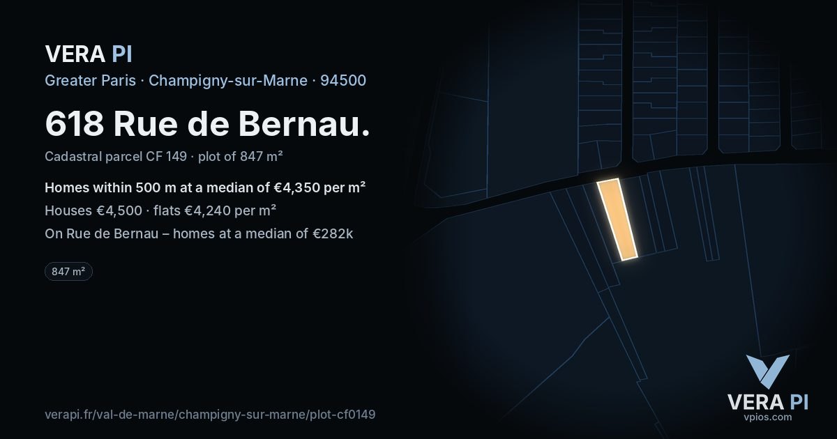618 Rue de Bernau, Champigny-sur-Marne at night – the plot lit, the parcels around coloured by the prices near them