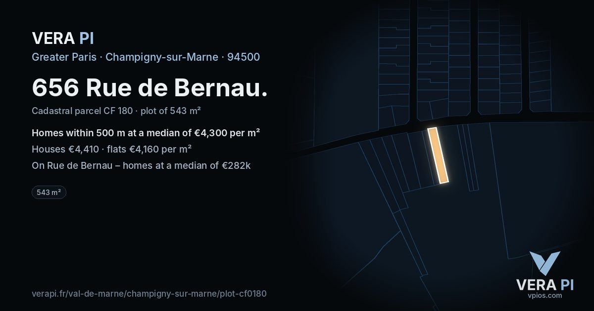 656 Rue de Bernau, Champigny-sur-Marne at night – the plot lit, the parcels around coloured by the prices near them