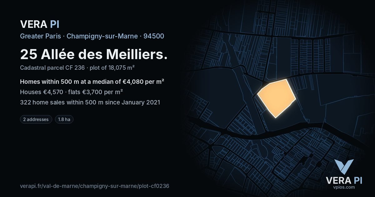 25 Allée des Meilliers, Champigny-sur-Marne at night – the plot lit, the parcels around coloured by the prices near them