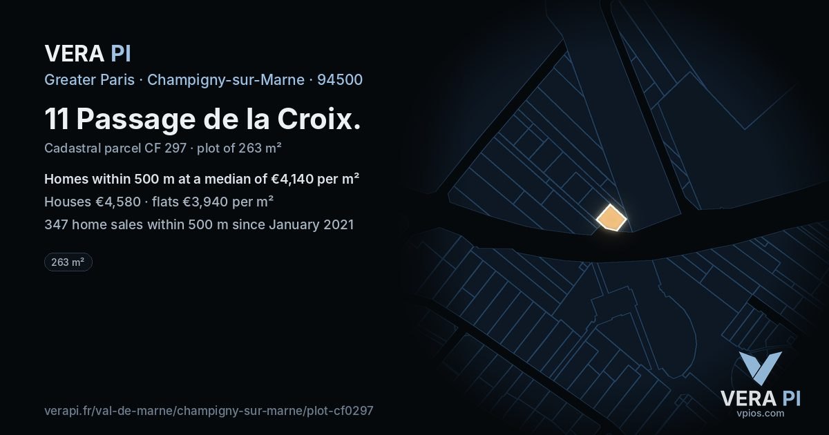 11 Passage de la Croix, Champigny-sur-Marne at night – the plot lit, the parcels around coloured by the prices near them