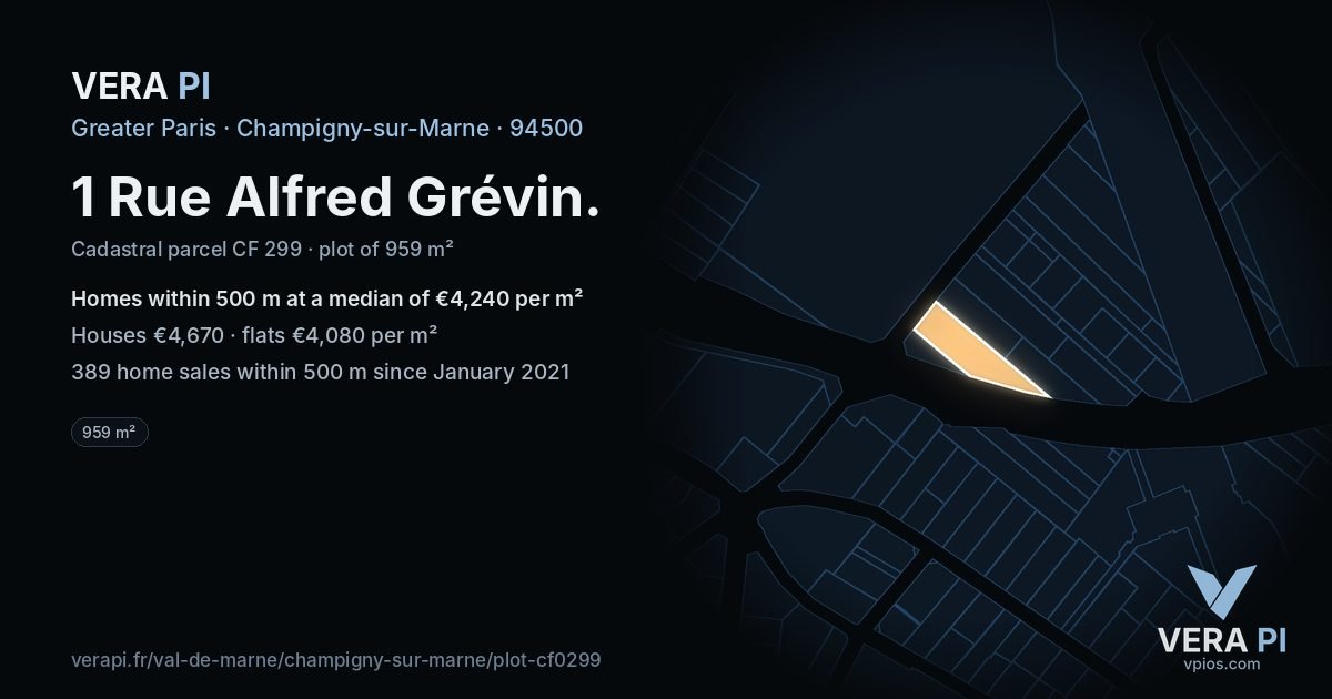 1 Rue Alfred Grévin, Champigny-sur-Marne at night – the plot lit, the parcels around coloured by the prices near them