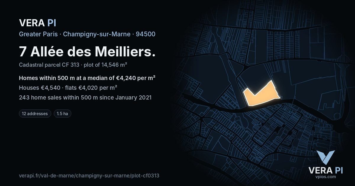 7 Allée des Meilliers, Champigny-sur-Marne at night – the plot lit, the parcels around coloured by the prices near them
