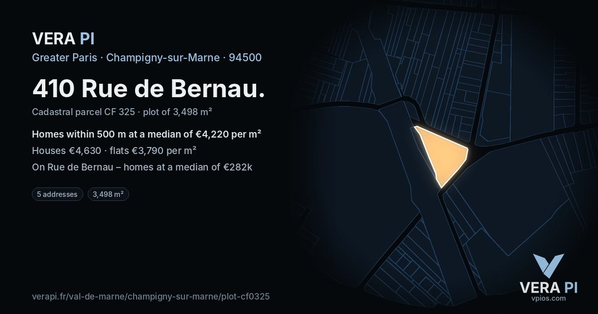 410 Rue de Bernau, Champigny-sur-Marne at night – the plot lit, the parcels around coloured by the prices near them