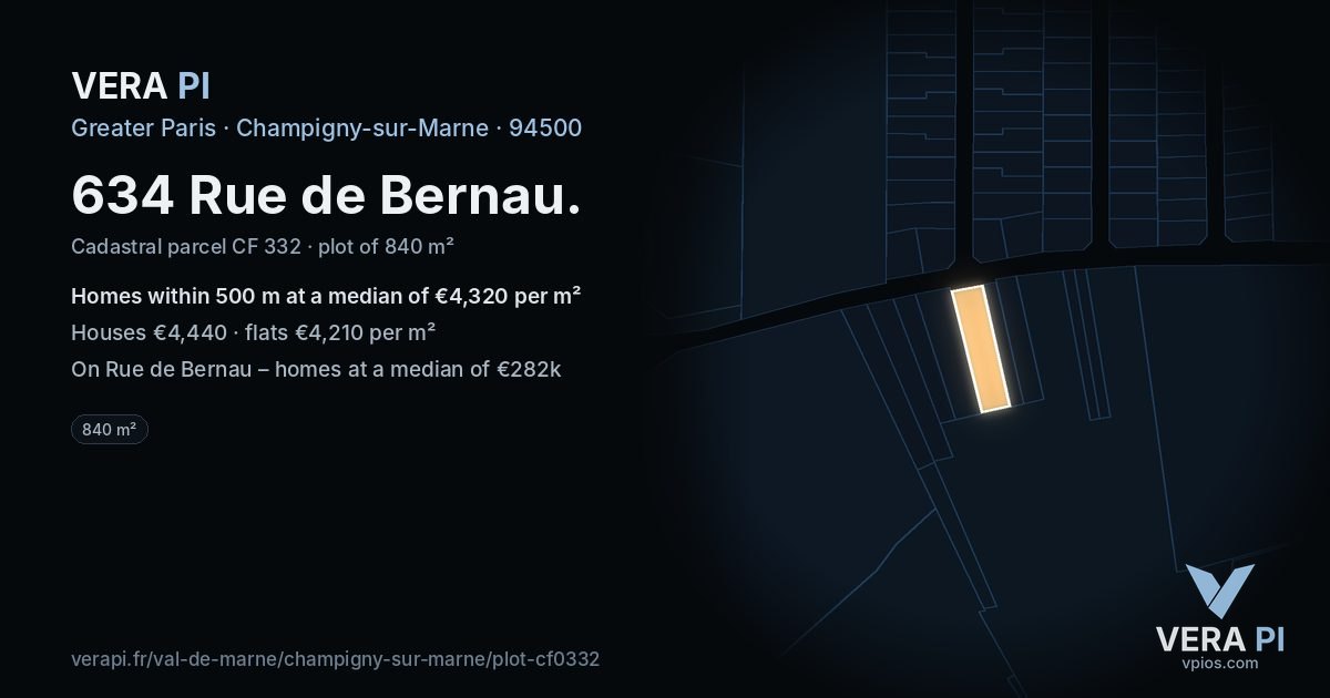 634 Rue de Bernau, Champigny-sur-Marne at night – the plot lit, the parcels around coloured by the prices near them