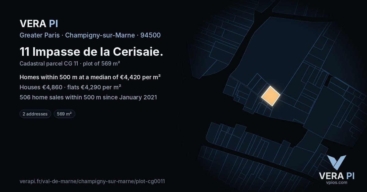 11 Impasse de la Cerisaie, Champigny-sur-Marne at night – the plot lit, the parcels around coloured by the prices near them