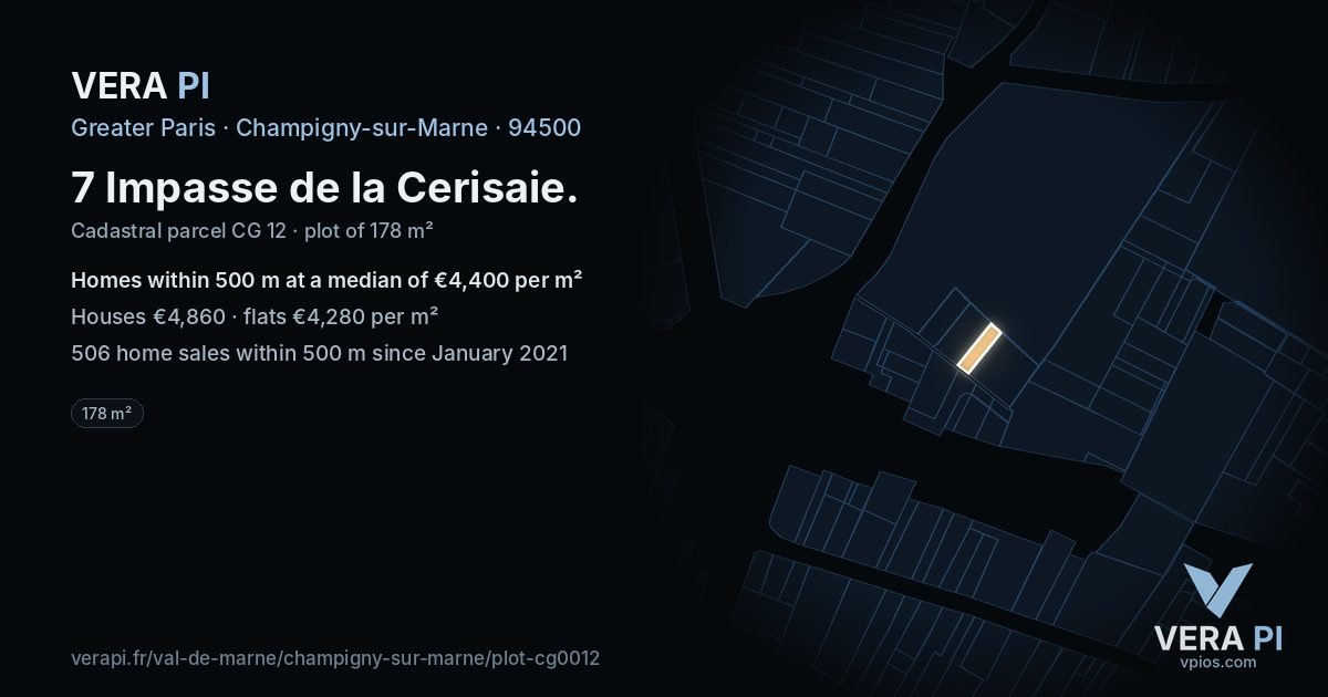 7 Impasse de la Cerisaie, Champigny-sur-Marne at night – the plot lit, the parcels around coloured by the prices near them