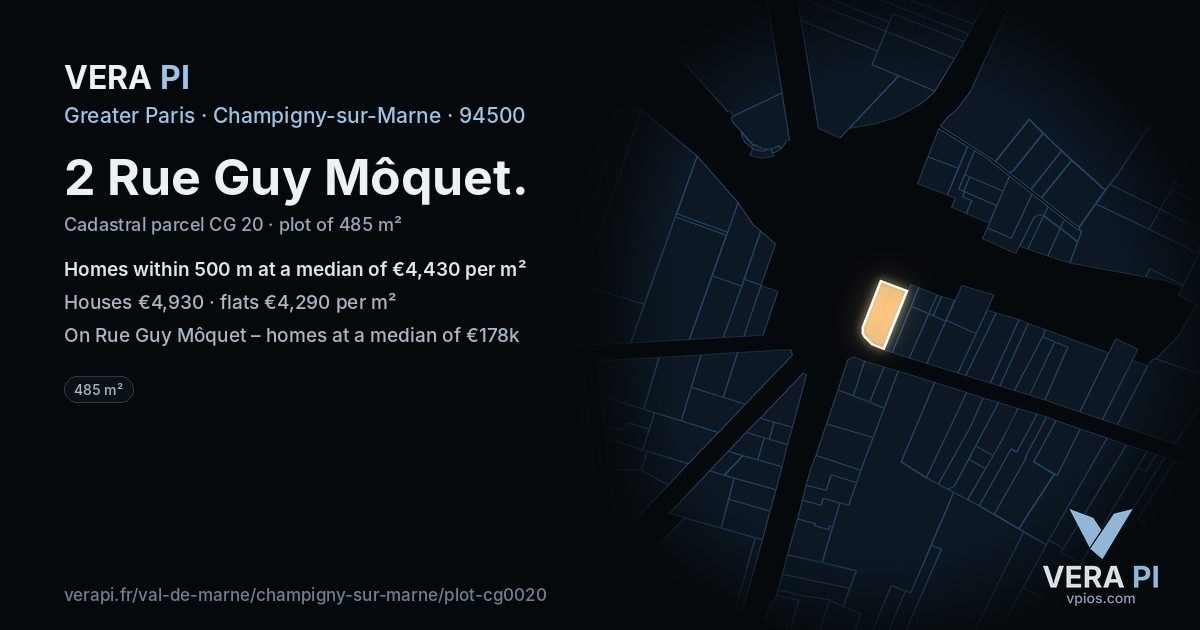 2 Rue Guy Môquet, Champigny-sur-Marne at night – the plot lit, the parcels around coloured by the prices near them