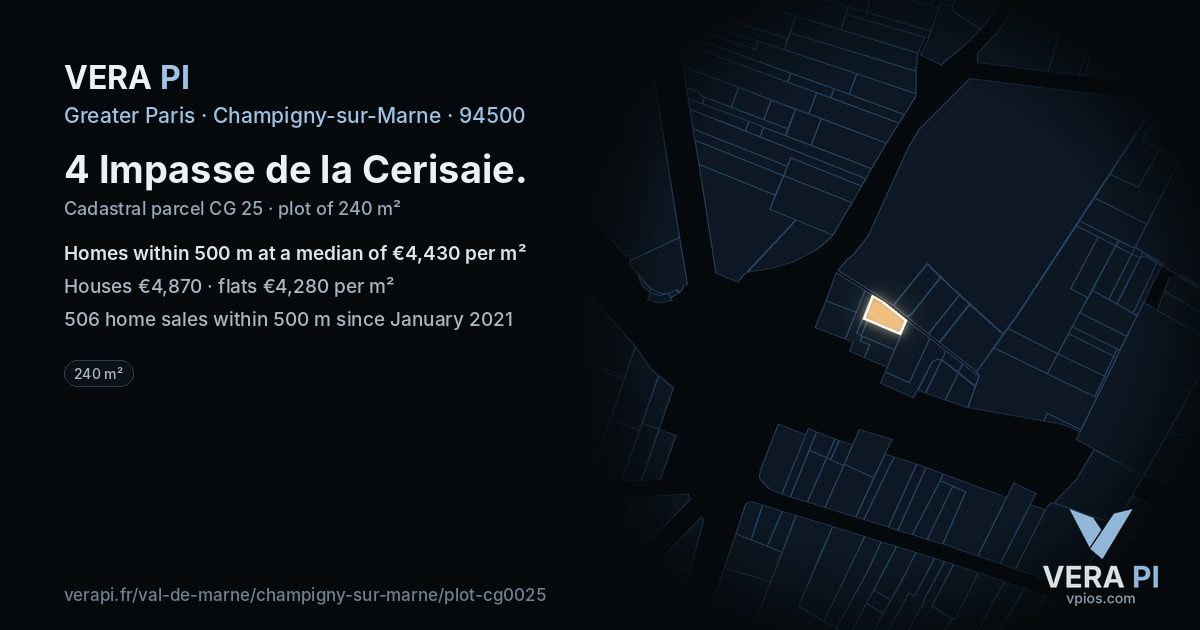 4 Impasse de la Cerisaie, Champigny-sur-Marne at night – the plot lit, the parcels around coloured by the prices near them