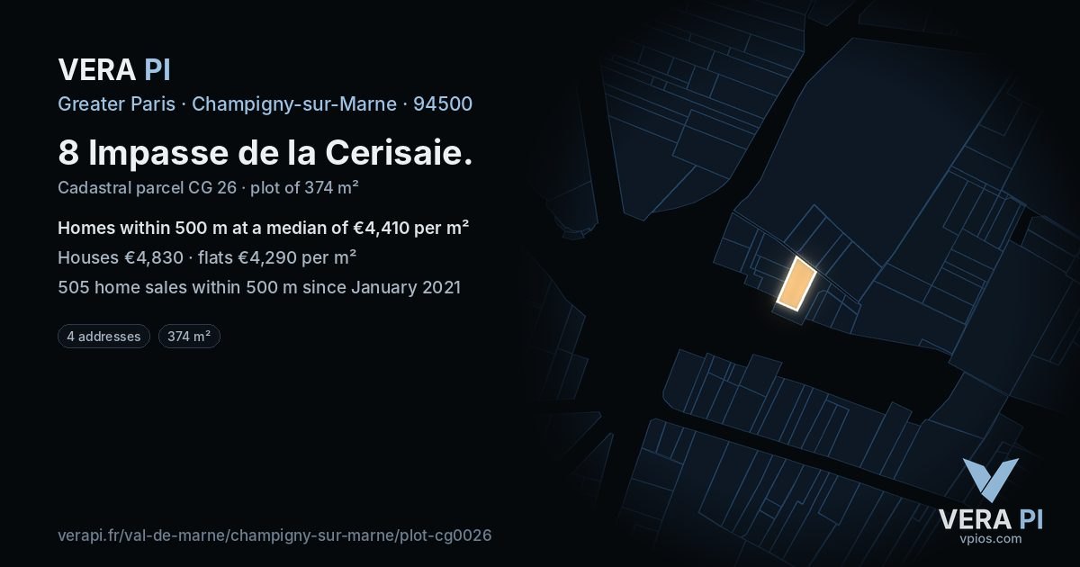 8 Impasse de la Cerisaie, Champigny-sur-Marne at night – the plot lit, the parcels around coloured by the prices near them