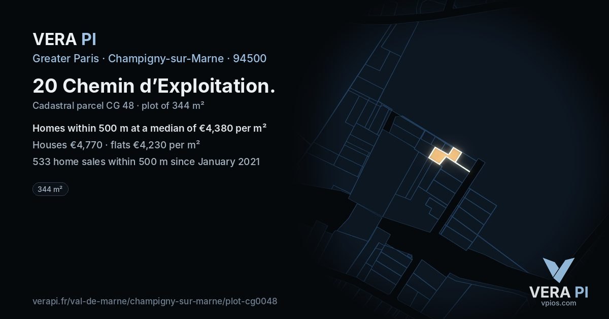 20 Chemin d’Exploitation, Champigny-sur-Marne at night – the plot lit, the parcels around coloured by the prices near them