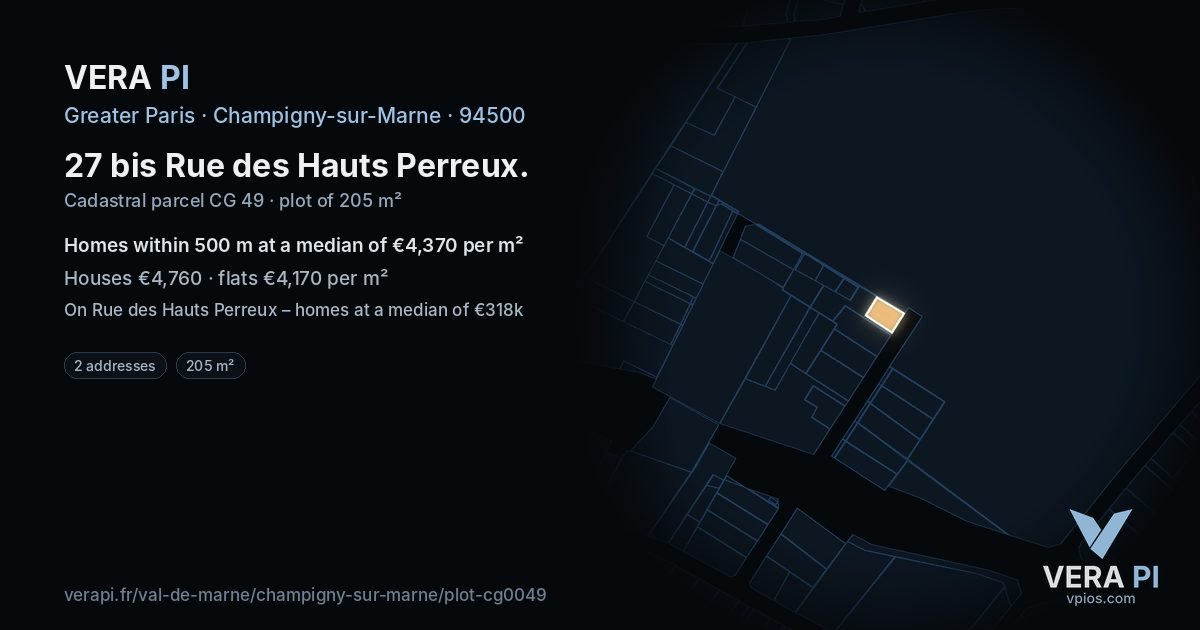 27 bis Rue des Hauts Perreux, Champigny-sur-Marne at night – the plot lit, the parcels around coloured by the prices near them