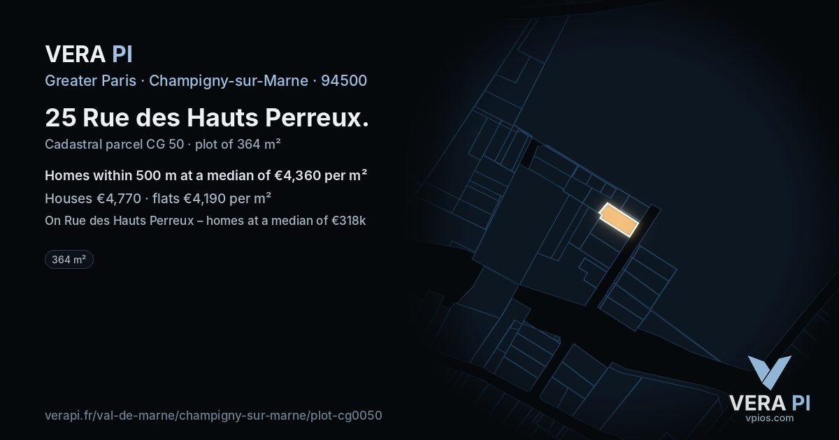 25 Rue des Hauts Perreux, Champigny-sur-Marne at night – the plot lit, the parcels around coloured by the prices near them