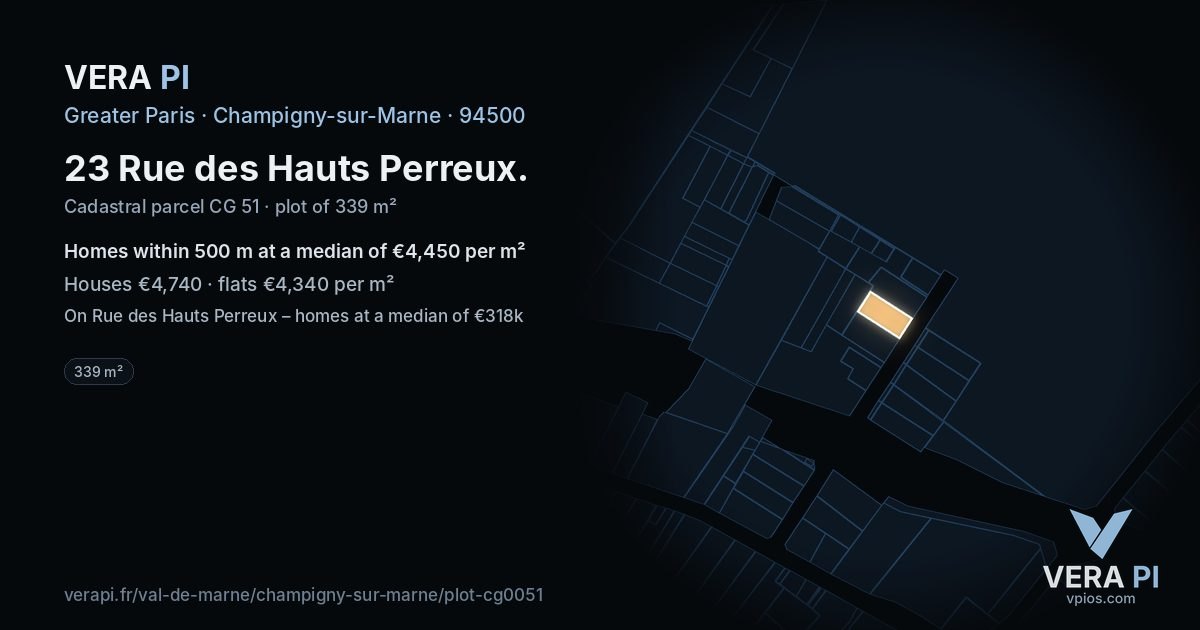 23 Rue des Hauts Perreux, Champigny-sur-Marne at night – the plot lit, the parcels around coloured by the prices near them