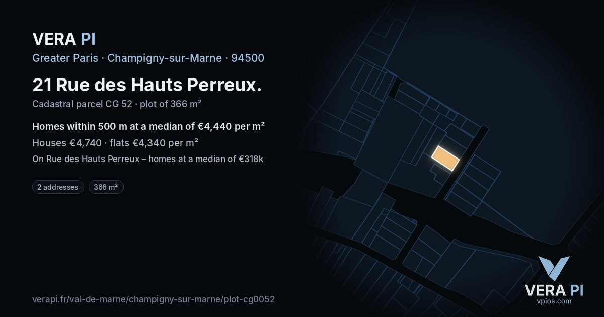 21 Rue des Hauts Perreux, Champigny-sur-Marne at night – the plot lit, the parcels around coloured by the prices near them