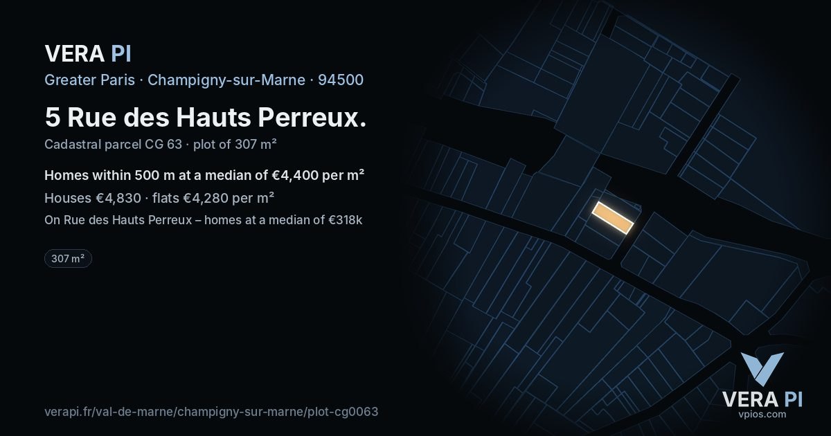 5 Rue des Hauts Perreux, Champigny-sur-Marne at night – the plot lit, the parcels around coloured by the prices near them