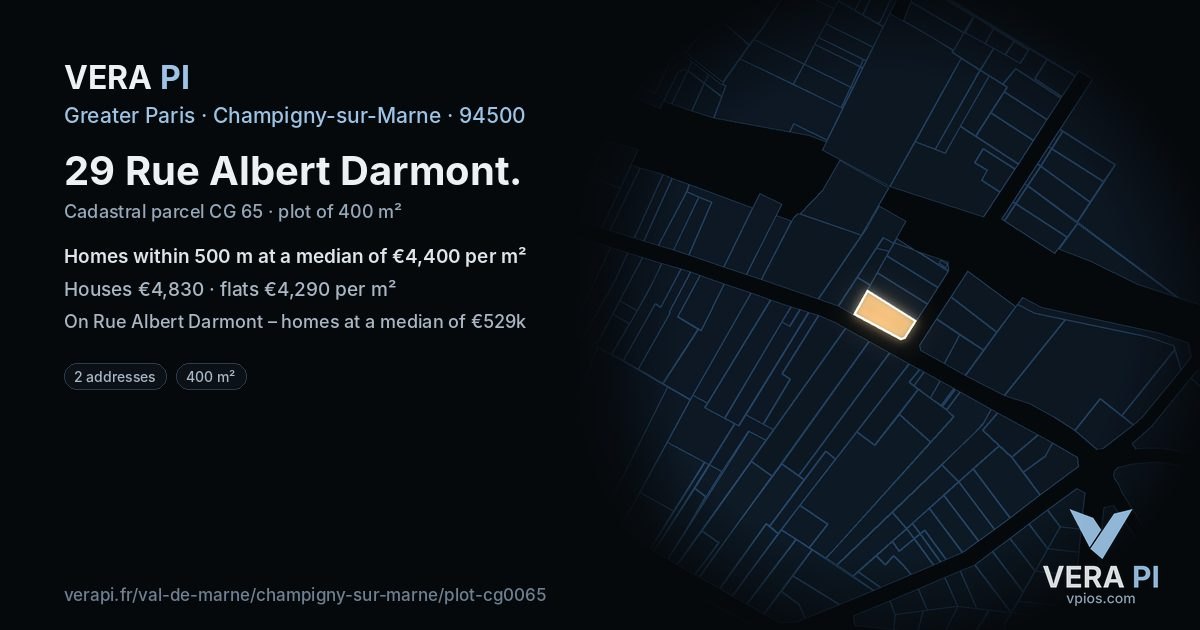 29 Rue Albert Darmont, Champigny-sur-Marne at night – the plot lit, the parcels around coloured by the prices near them