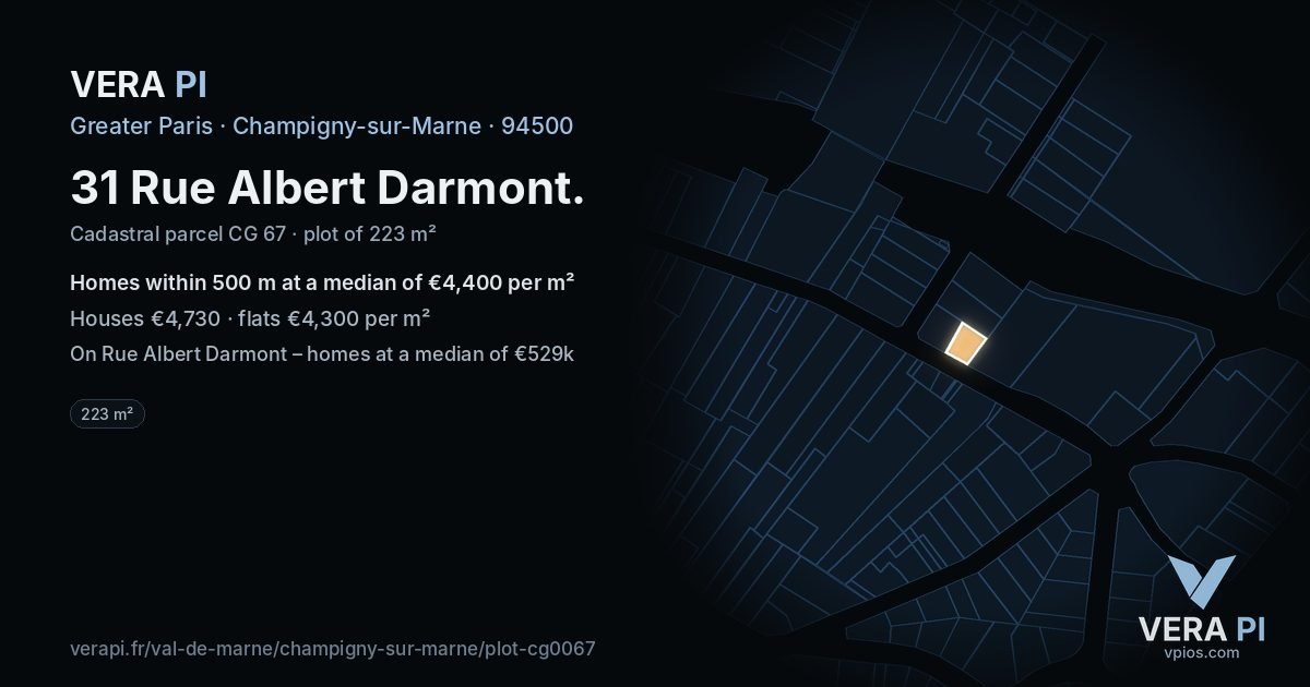 31 Rue Albert Darmont, Champigny-sur-Marne at night – the plot lit, the parcels around coloured by the prices near them
