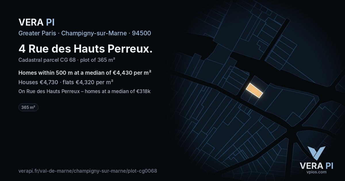 4 Rue des Hauts Perreux, Champigny-sur-Marne at night – the plot lit, the parcels around coloured by the prices near them