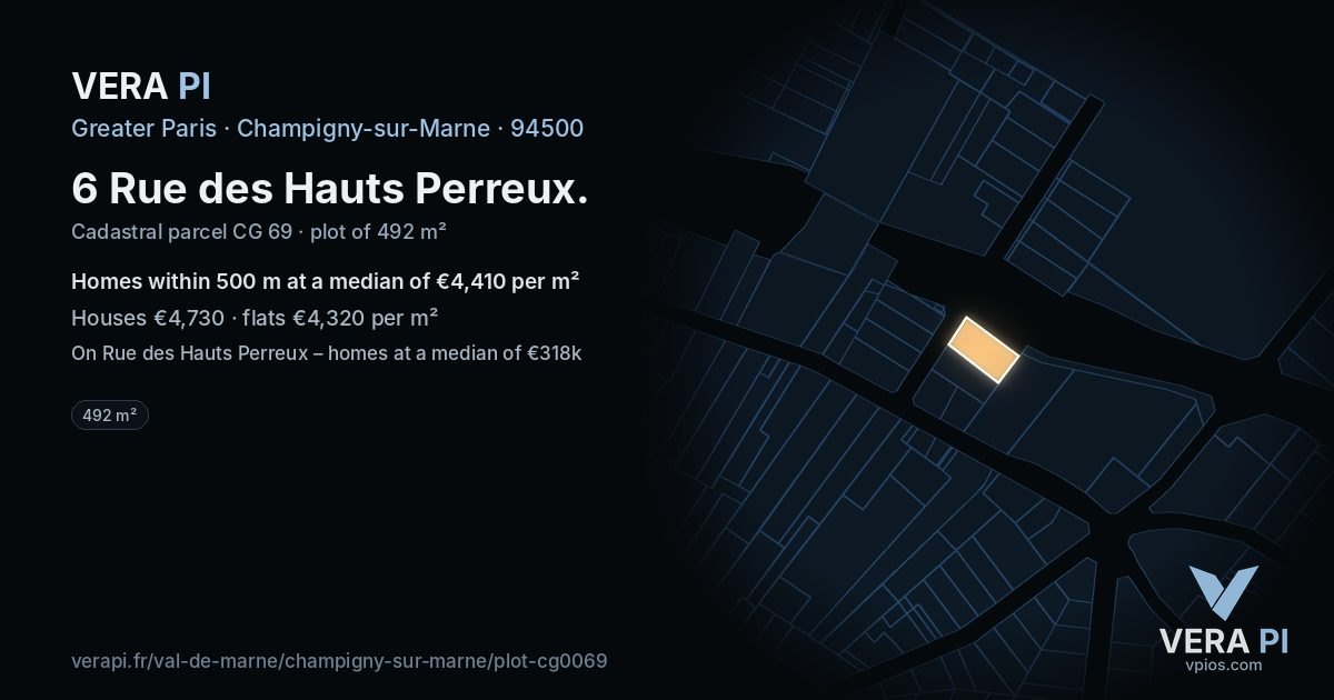 6 Rue des Hauts Perreux, Champigny-sur-Marne at night – the plot lit, the parcels around coloured by the prices near them