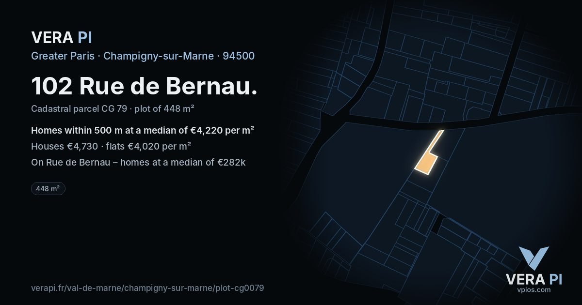102 Rue de Bernau, Champigny-sur-Marne at night – the plot lit, the parcels around coloured by the prices near them