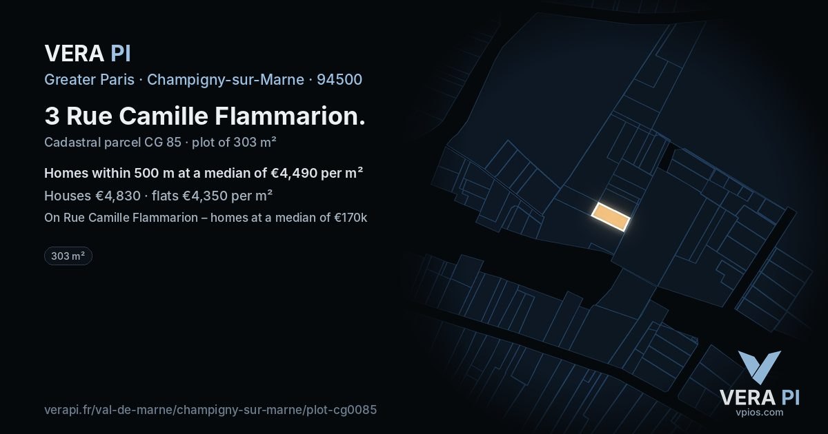 3 Rue Camille Flammarion, Champigny-sur-Marne at night – the plot lit, the parcels around coloured by the prices near them