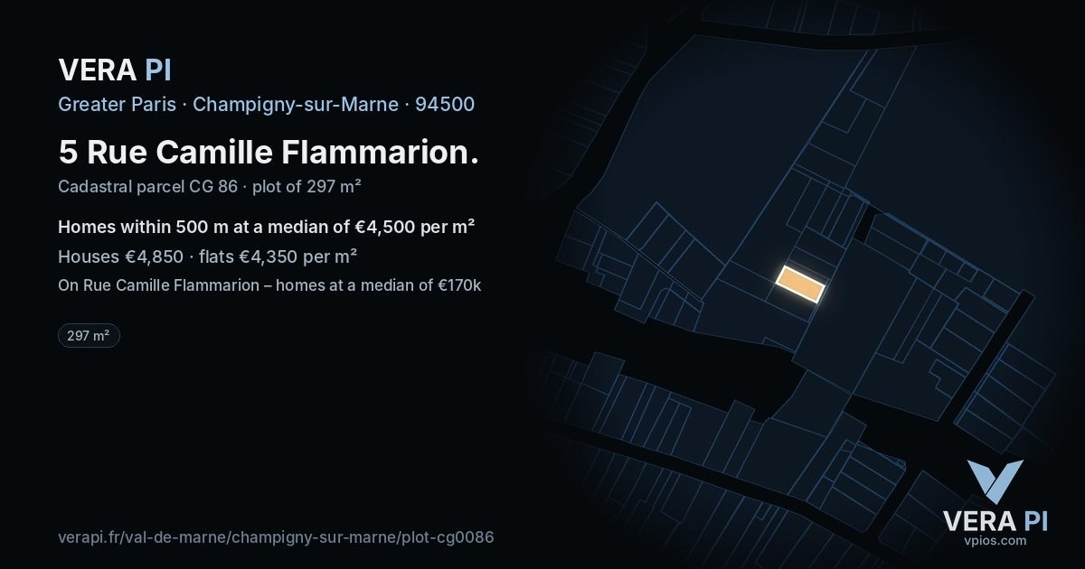 5 Rue Camille Flammarion, Champigny-sur-Marne at night – the plot lit, the parcels around coloured by the prices near them