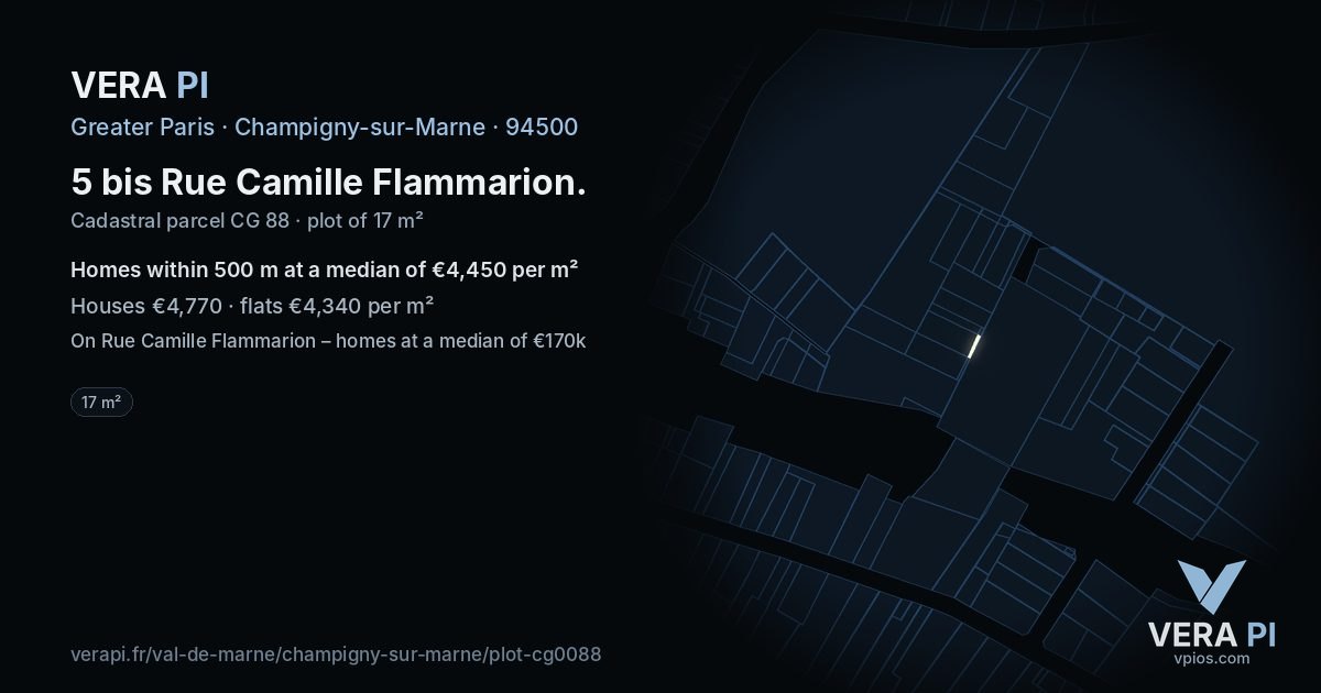 5 bis Rue Camille Flammarion, Champigny-sur-Marne at night – the plot lit, the parcels around coloured by the prices near them