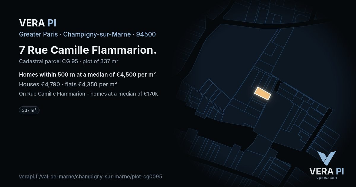 7 Rue Camille Flammarion, Champigny-sur-Marne at night – the plot lit, the parcels around coloured by the prices near them