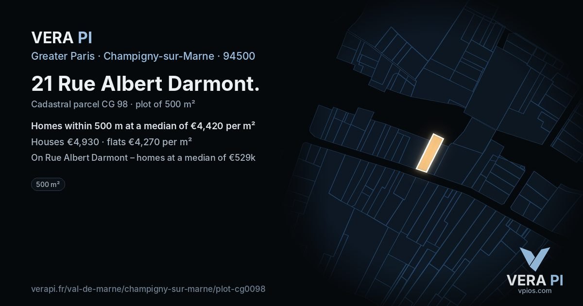 21 Rue Albert Darmont, Champigny-sur-Marne at night – the plot lit, the parcels around coloured by the prices near them