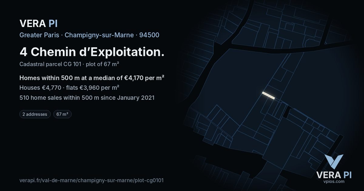 4 Chemin d’Exploitation, Champigny-sur-Marne at night – the plot lit, the parcels around coloured by the prices near them