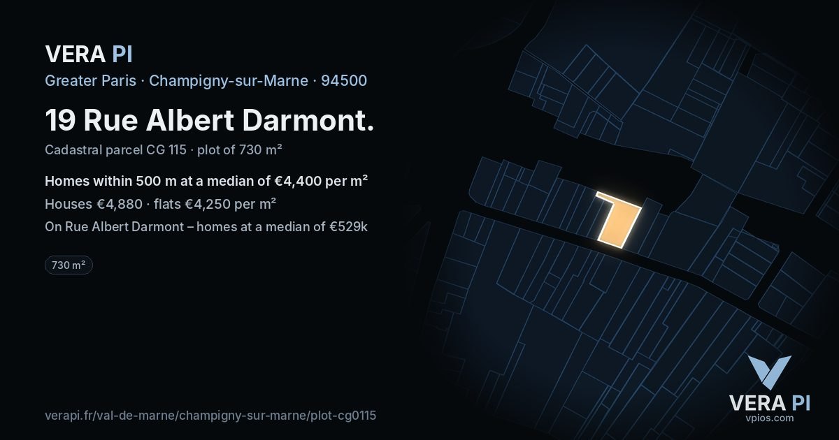 19 Rue Albert Darmont, Champigny-sur-Marne at night – the plot lit, the parcels around coloured by the prices near them