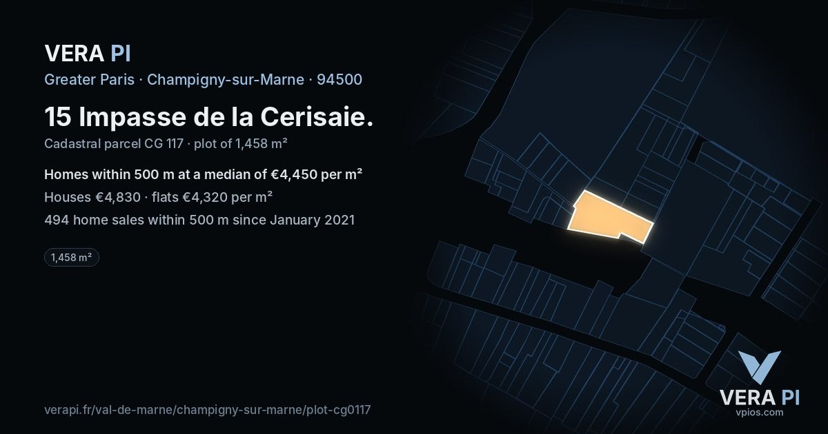 15 Impasse de la Cerisaie, Champigny-sur-Marne at night – the plot lit, the parcels around coloured by the prices near them