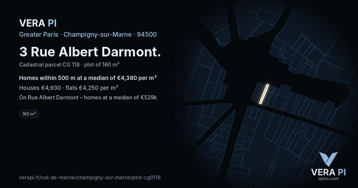 3 Rue Albert Darmont, Champigny-sur-Marne at night – the plot lit, the parcels around coloured by the prices near them