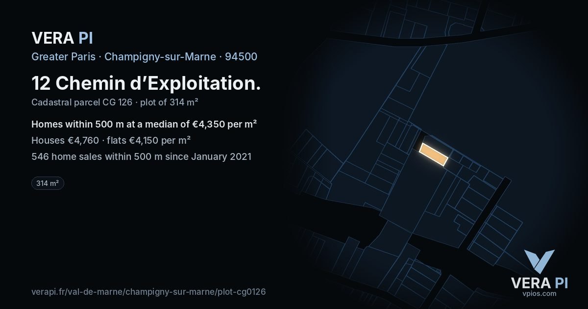 12 Chemin d’Exploitation, Champigny-sur-Marne at night – the plot lit, the parcels around coloured by the prices near them