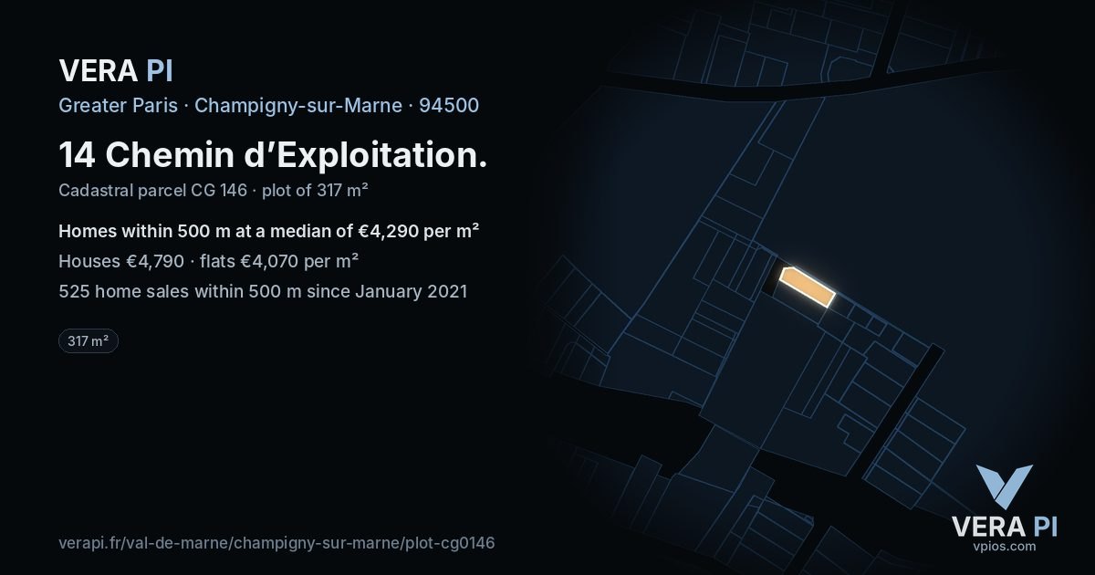 14 Chemin d’Exploitation, Champigny-sur-Marne at night – the plot lit, the parcels around coloured by the prices near them