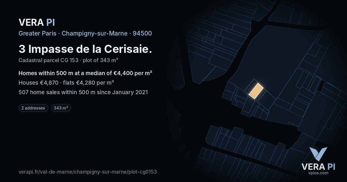 3 Impasse de la Cerisaie, Champigny-sur-Marne at night – the plot lit, the parcels around coloured by the prices near them