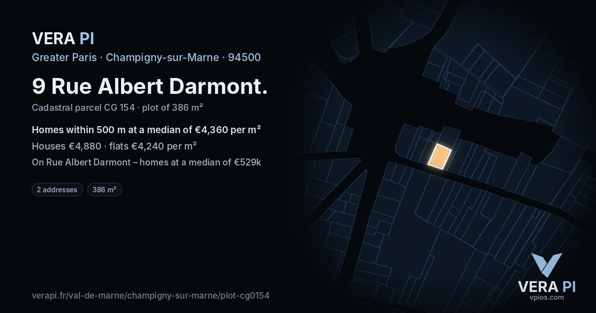 9 Rue Albert Darmont, Champigny-sur-Marne at night – the plot lit, the parcels around coloured by the prices near them