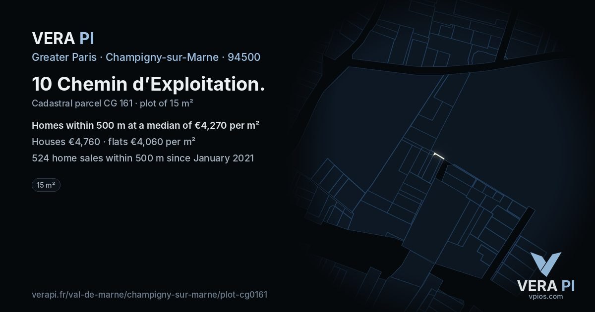 10 Chemin d’Exploitation, Champigny-sur-Marne at night – the plot lit, the parcels around coloured by the prices near them